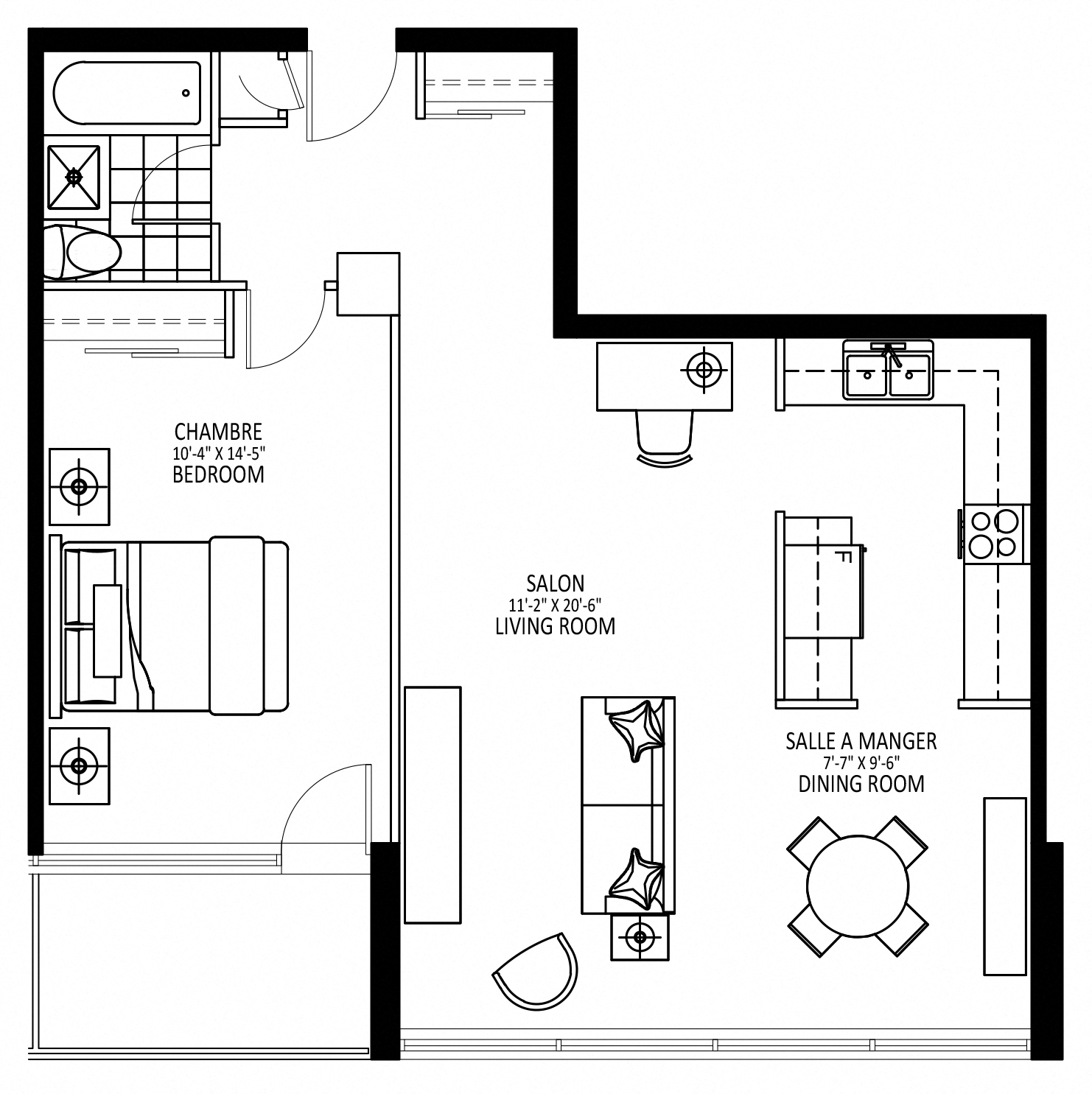 Floor plan for 1 bed, 1 bath, 720 sqft